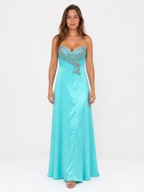 Aqua Beaded Asymmetrical Evening Dress